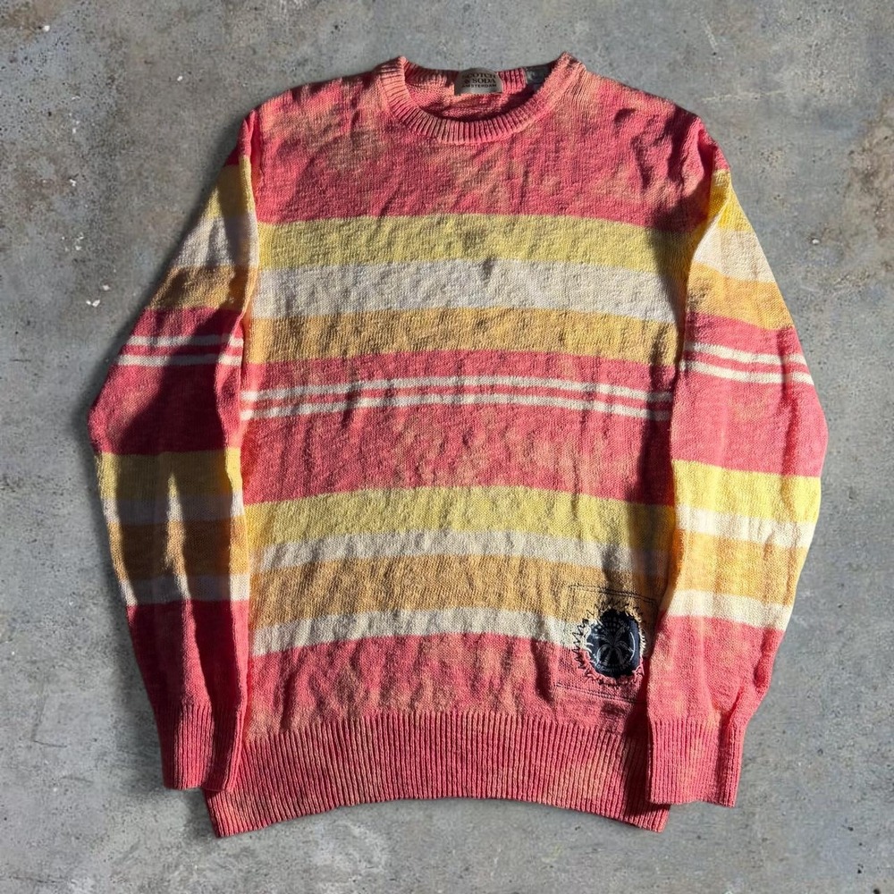 Scotch & Soda Amsterdam Pink Striped Distressed Knit Sweater Large Women